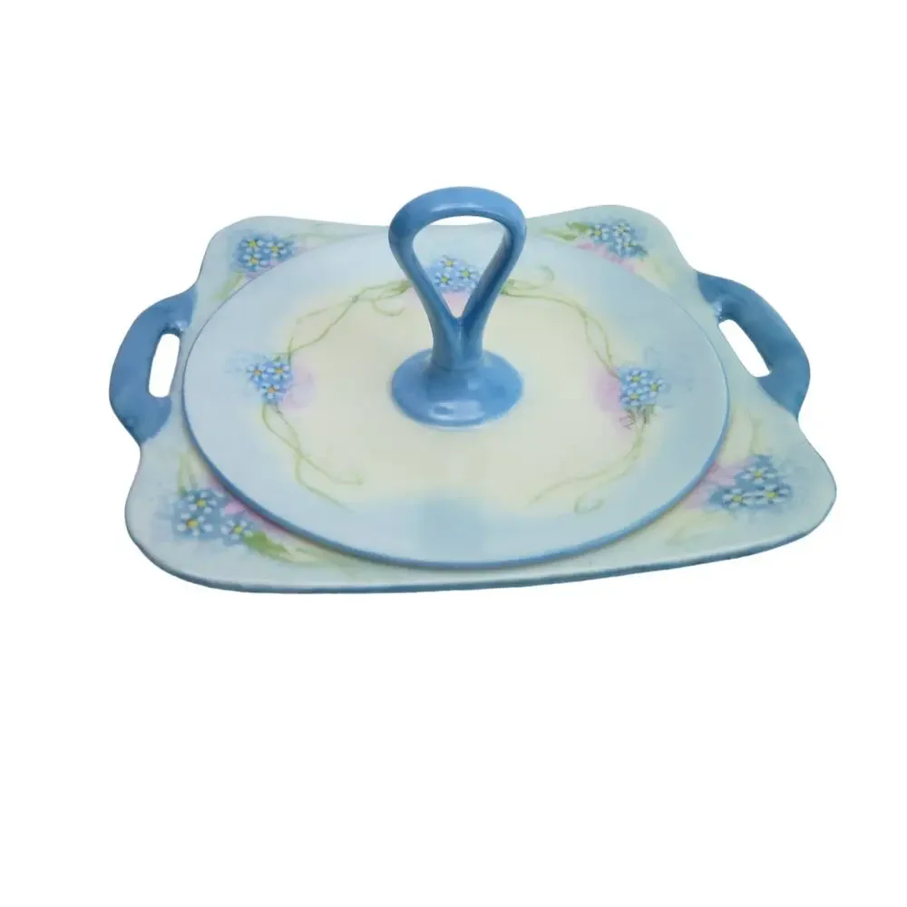 Vintage Made in Japan Blue Forget Me Not Covered Candy Dish Bowl Lidded Handle